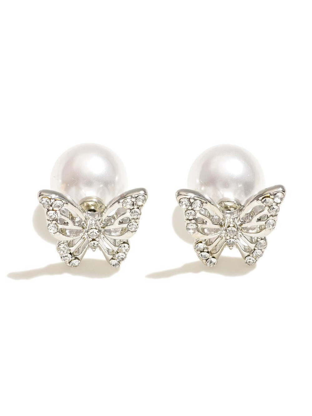 Silver Butterfly Pearl Stud Earrings Rhinestone Crystal Fashion Earrings